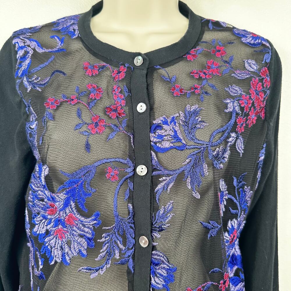 A New Day Embroidered Sheer Cardigan Floral Black Opalescent Buttons Women's M - Picture 2 of 10